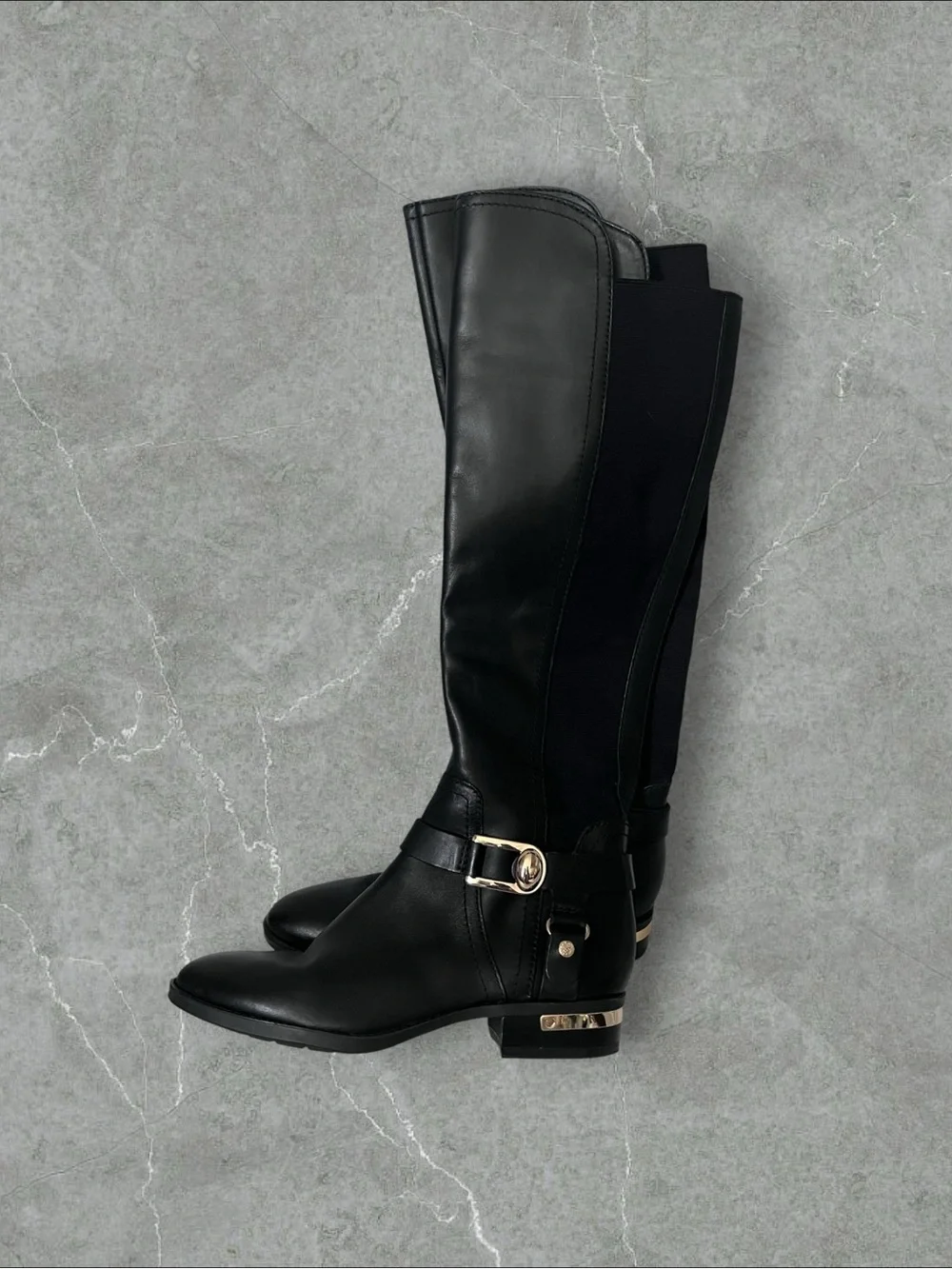 Vince Camuto Black Leather Over-the-Knee Boots with Gold Accent